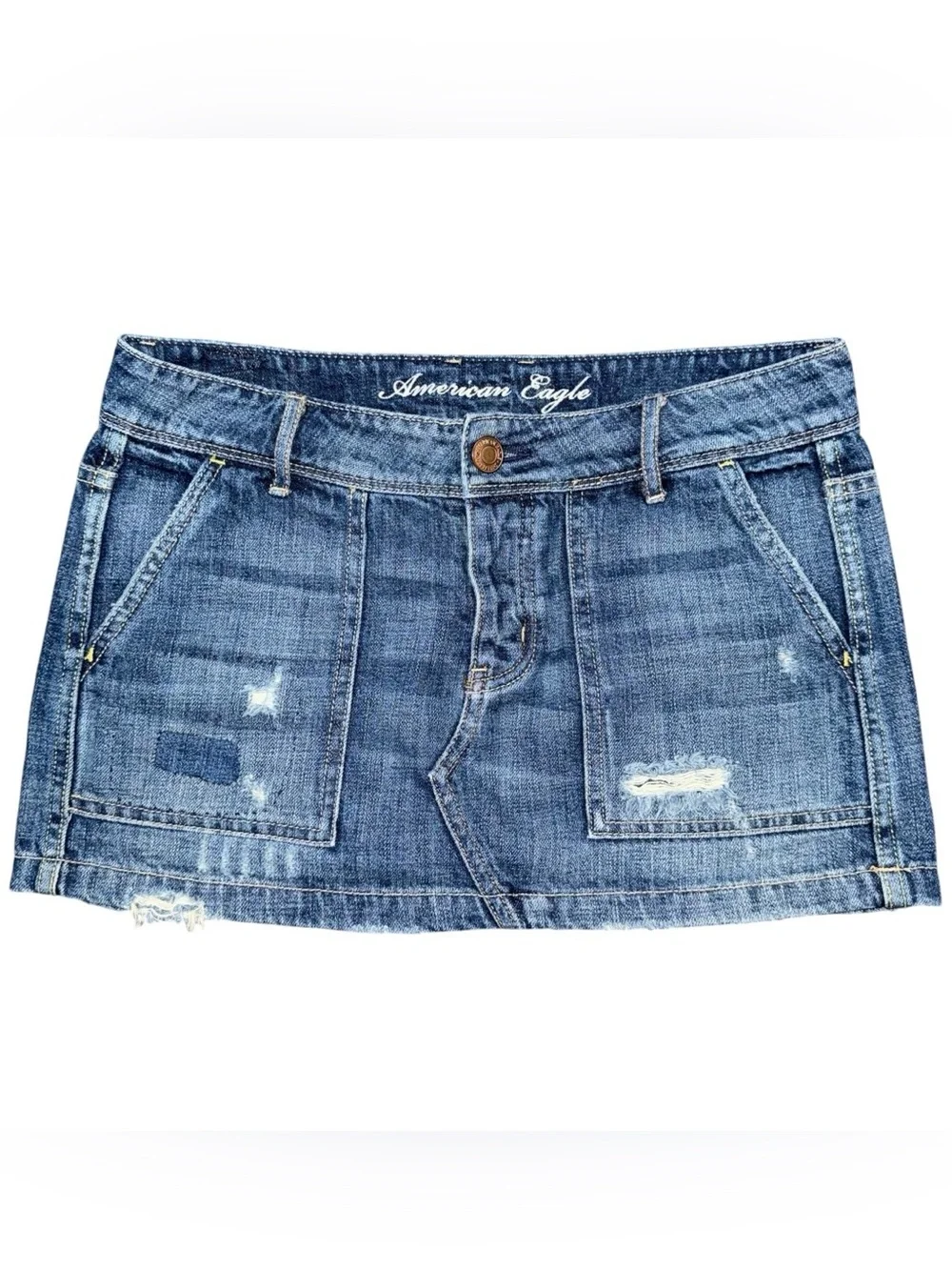 VTG Y2K American Eagle Low Rise Micro Mini Jean Skirt Distressed Denim Utility 2